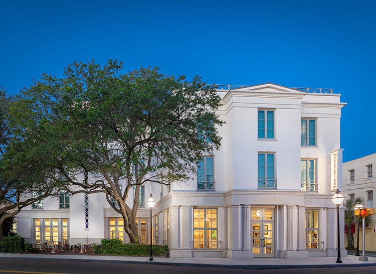 Exterior of Charleston hotel with lighting in gallery